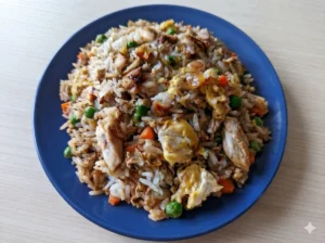 A high-angle 4:3 shot of a generous serving of Easy Chicken Fried Rice in a minimalist white ceramic bowl. The rice shows visible browning and individual grains. Large, prominent ribbons of bright yellow scrambled egg are scattered throughout, along with tender pieces of golden-brown chicken breast, vibrant green peas, and diced orange carrots. The bowl sits on a white marble countertop with a warm wooden cutting board and a small pot of fresh green onions in the background. Natural morning light enters from the side, creating soft shadows and a cozy, lived-in atmosphere.