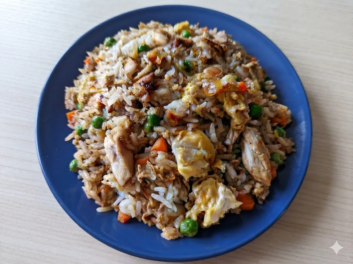 A high-angle 4:3 shot of a generous serving of Easy Chicken Fried Rice in a minimalist white ceramic bowl. The rice shows visible browning and individual grains. Large, prominent ribbons of bright yellow scrambled egg are scattered throughout, along with tender pieces of golden-brown chicken breast, vibrant green peas, and diced orange carrots. The bowl sits on a white marble countertop with a warm wooden cutting board and a small pot of fresh green onions in the background. Natural morning light enters from the side, creating soft shadows and a cozy, lived-in atmosphere.