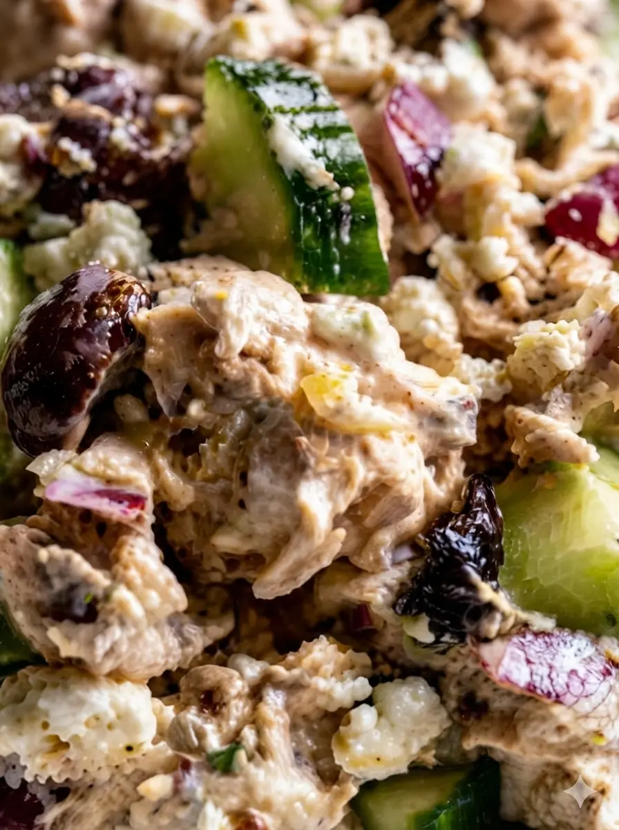 An overhead prep shot on a white marble surface showing a wooden cutting board with a sliced cucumber, a bowl of shredded chicken, a small dish of kalamata olives, and a wedge of feta cheese. Natural light and fresh herbs are in the background. 3:4 aspect ratio.
