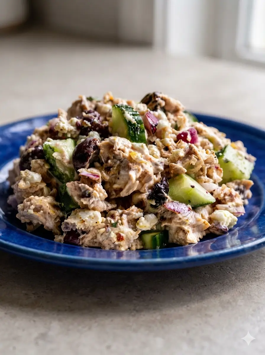 A process shot of a creamy herb dressing being stirred into shredded chicken in a white ceramic bowl. The texture of the dressing is smooth and rich. No hands are visible. The background shows a clean, tidy kitchen with wood accents. 3:4 aspect ratio.