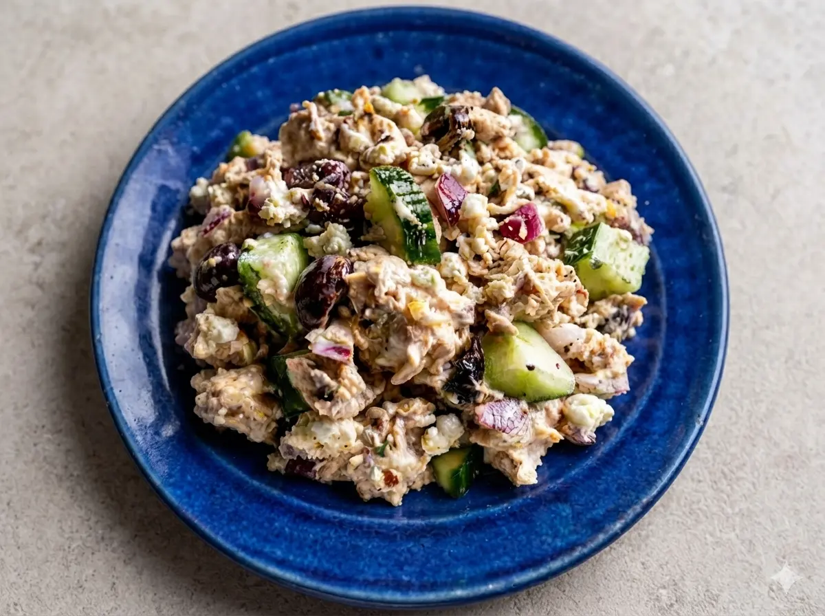 A hero shot of Keto Mediterranean Chicken Salad in a minimalist white ceramic bowl. The salad features shredded chicken, thick green cucumber half-moons, vibrant purple red onion, dark kalamata olives, and white feta crumbles. The bowl is placed on a white marble countertop with a rustic wooden cutting board in the background. Soft morning light from the side creates gentle shadows. Fresh oregano sprigs are visible. 4:3 aspect ratio.