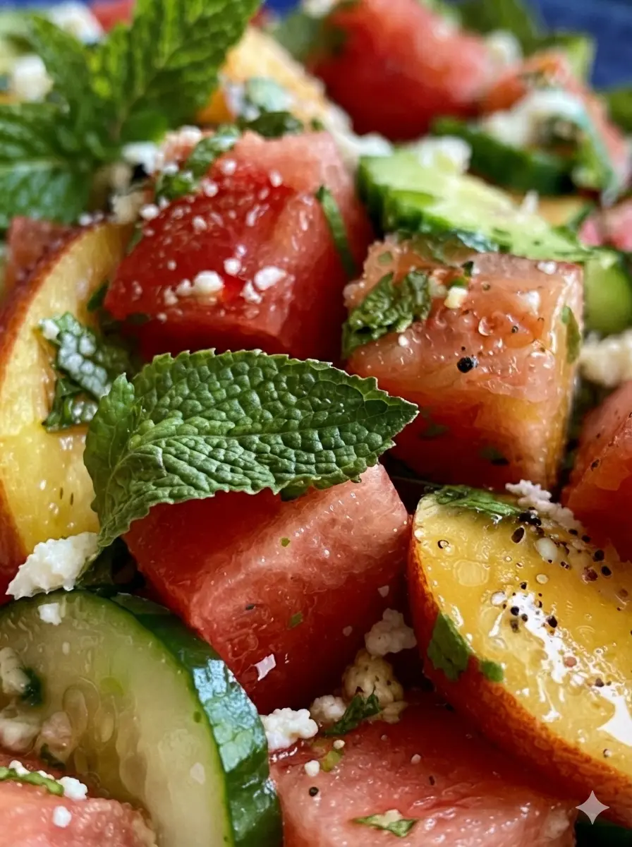 A 3:4 close-up shot of the preparation phase. Sliced yellow peaches and perfectly cubed red watermelon are arranged neatly on a dark wooden cutting board. A small ceramic pinch bowl of sea salt and a bundle of fresh mint are visible nearby on the marble surface. Natural, bright lighting highlights the textures of the fruit skins.