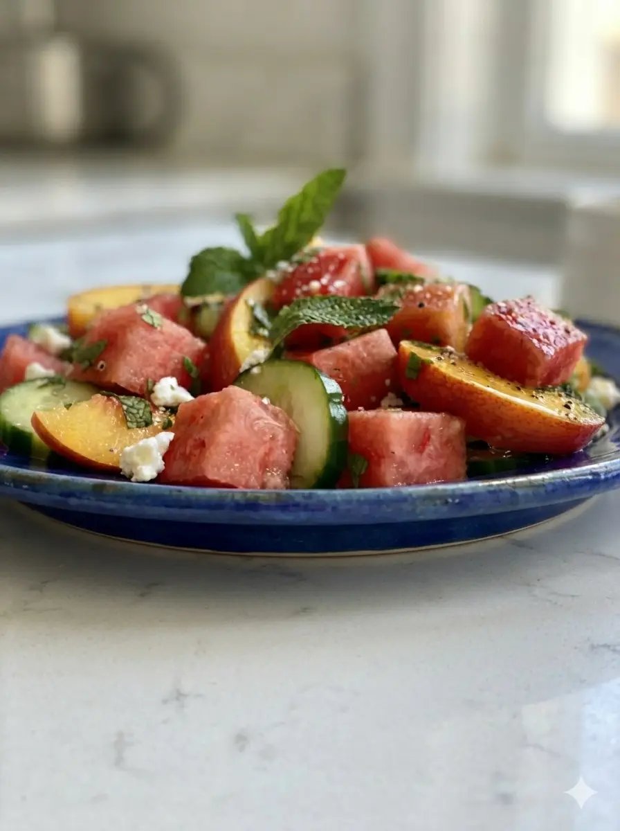 A 3:4 process shot showing the technique of assembling the salad. A white ceramic bowl contains the mixed fruit and cucumber slices. A small glass carafe of lime-honey dressing is positioned as if just poured, with droplets of dressing glistening on the peach wedges. No hands or people are visible. Soft shadows on the marble countertop.