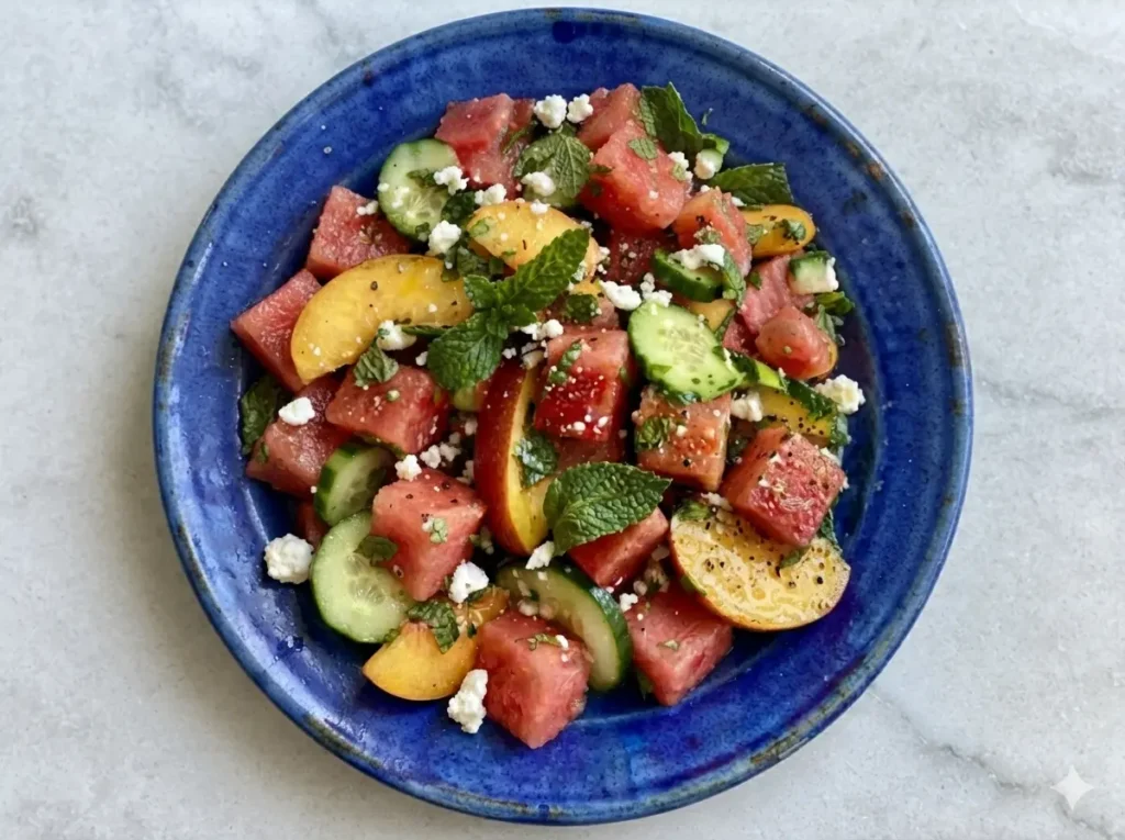 A hero shot of a large white ceramic bowl overflowing with Peach Watermelon Salad. The salad features bright red watermelon cubes, golden yellow peach wedges, and thin green cucumber rounds. Crumbled white feta and bright green mint leaves are scattered over the top. The bowl sits on a white marble countertop next to a rustic wooden cutting board. Soft morning light from an east window creates gentle shadows and highlights the glistening juices of the fruit. Warm, clean, and minimalist aesthetic.