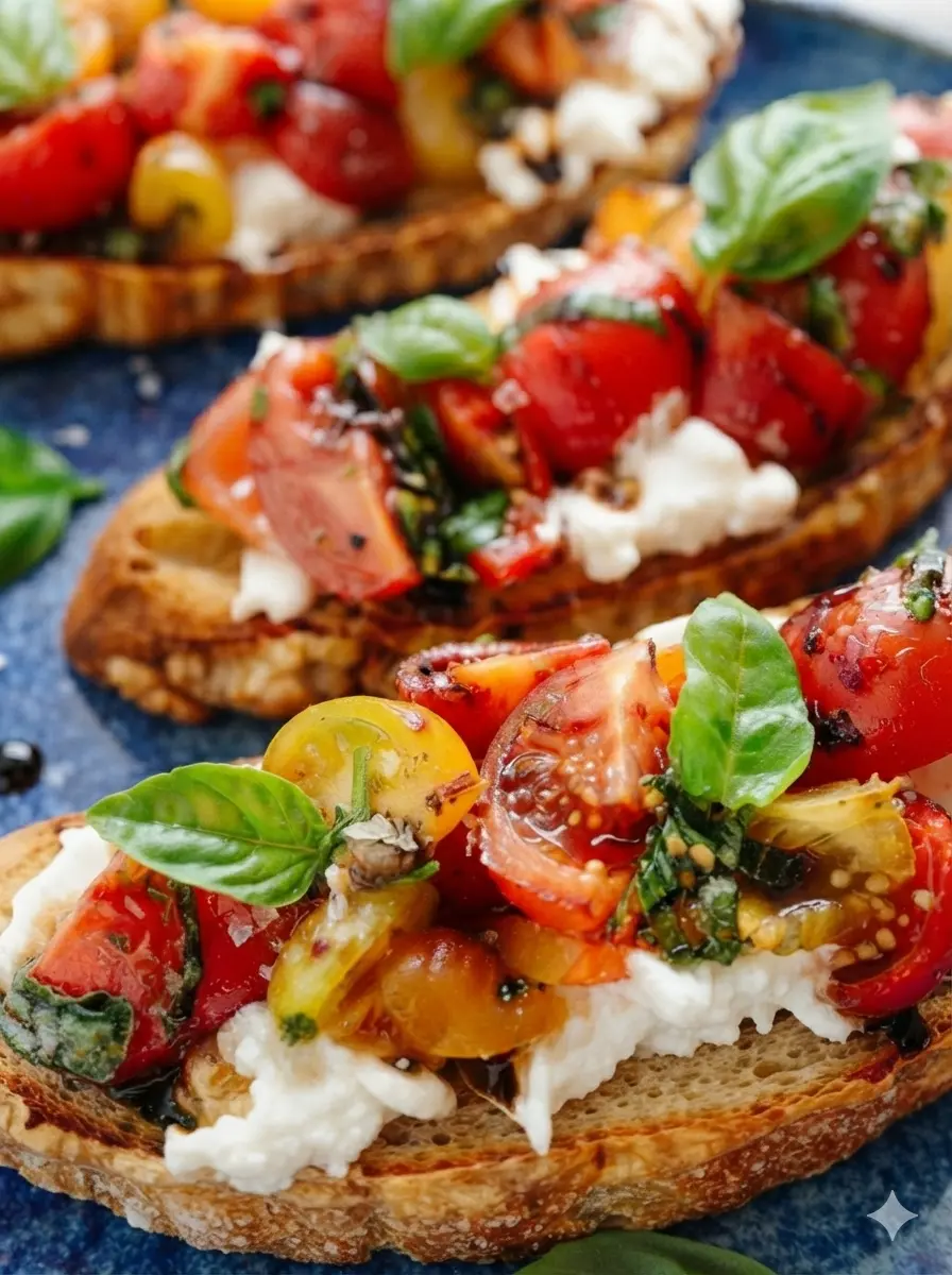 A 3:4 prep-focused shot on a marble counter showing a white ceramic bowl filled with halved red and yellow heirloom cherry tomatoes, a whole ball of fresh burrata cheese on a small plate, and a bunch of vibrant green basil. Soft shadows and bright morning light.