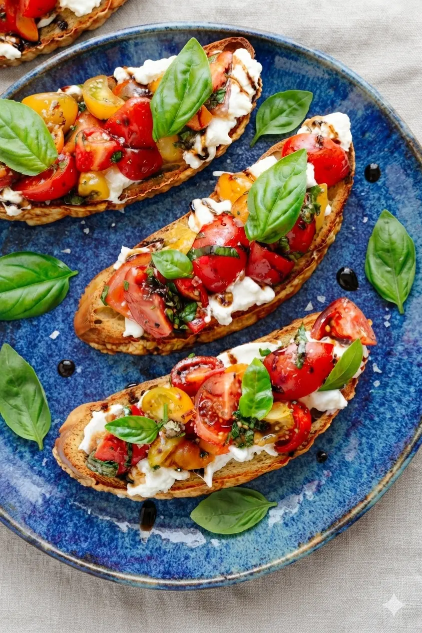 A 3:4 process shot on the wooden cutting board showing a close-up of a few toasted baguette slices being spread with creamy, textured burrata cheese. The garlic cloves and olive oil bottle are visible in the soft-focus background.