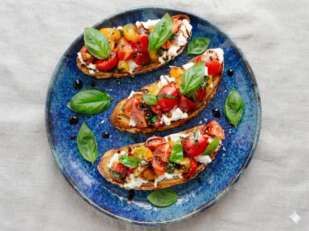 A hero shot of several Burrata Bruschetta slices arranged on a signature rustic wooden cutting board. The board sits on a white marble countertop bathed in soft, natural morning light. The bruschetta features toasted baguette slices, creamy white spread burrata, a mix of bright red and yellow halved cherry tomatoes, and glossy dark balsamic glaze. Fresh whole basil leaves are scattered artistically around the board. High angle 4:3 view, clean and sophisticated presentation, no people.