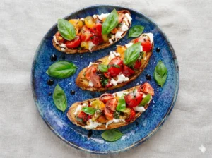 A hero shot of several Burrata Bruschetta slices arranged on a signature rustic wooden cutting board. The board sits on a white marble countertop bathed in soft, natural morning light. The bruschetta features toasted baguette slices, creamy white spread burrata, a mix of bright red and yellow halved cherry tomatoes, and glossy dark balsamic glaze. Fresh whole basil leaves are scattered artistically around the board. High angle 4:3 view, clean and sophisticated presentation, no people.