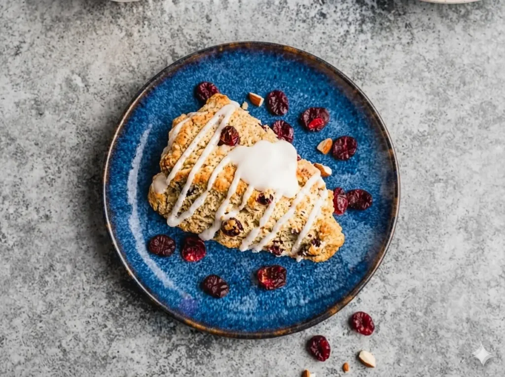 A hero shot of a single Classic Pastry Scone on a minimalist white ceramic plate, placed on a marble countertop with soft morning light from an east window. The scone is triangular, golden-brown, with visible red dried cranberries throughout. A thick white glaze is drizzled in clean, vertical stripes across the top. In the background, a soft-focus wooden cutting board and a small bowl of extra cranberries are visible. Warm tones and soft shadows.