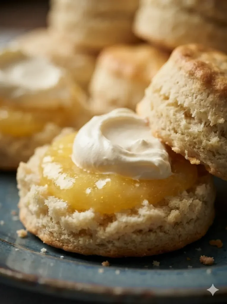 Lemonade Scones Recipe A clean, organized prep station on a wooden cutting board placed atop a marble counter. A bowl of white self-rising flour, a small glass pitcher of heavy cream, and a glass of fizzy lemonade are arranged neatly. A small bunch of fresh herbs sits in a ceramic vase in the background under warm, bright morning light.