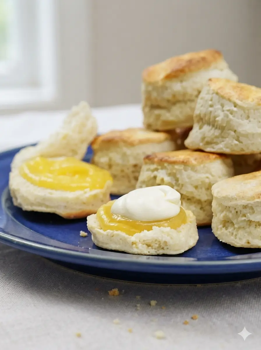 Action shot of round lemonade scone dough shapes arranged closely together on a baking sheet lined with white parchment paper. The dough is thick and textured, showing the soft, airy nature of the mixture. A small ceramic bowl of milk and a pastry brush sit nearby on the marble surface.