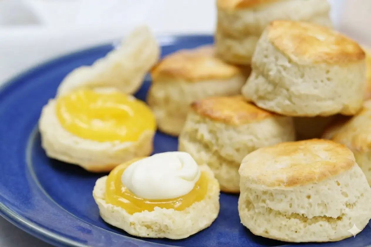 A mountain of fluffy, golden-brown lemonade scones piled high on a minimalist white ceramic plate. The scene is bathed in soft, natural morning light from an east-facing window, creating gentle shadows on a white marble countertop. In the foreground, one scone is split open, generously topped with vibrant yellow lemon curd and a thick dollop of snowy white cream. Fresh mint leaves and a wooden cutting board are visible in the soft-focus background.