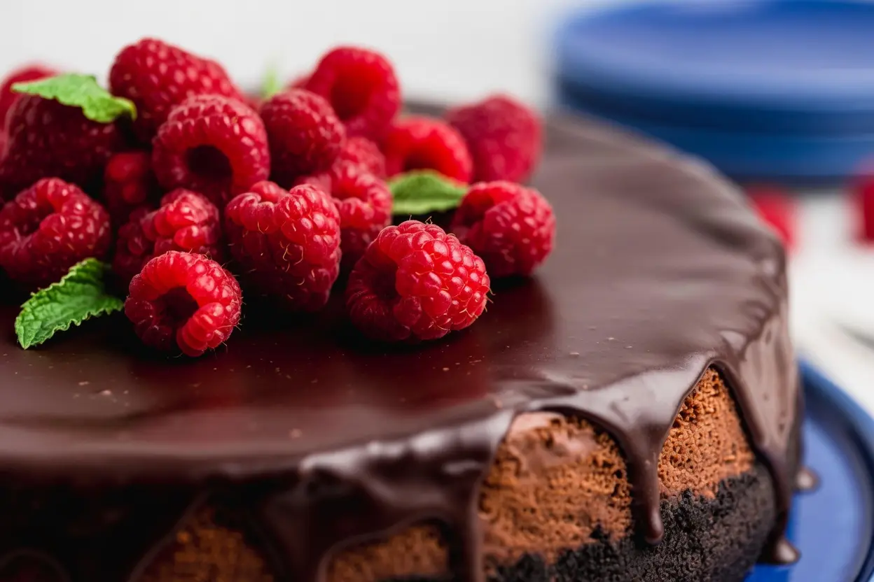 A top-down prep shot on a rustic wooden cutting board. There are bowls of Dutch-processed cocoa powder, a pile of chocolate sandwich cookies, and a bowl of bright red raspberries. Natural morning light illuminates the marble countertop in the background, with fresh herbs visible in soft focus.